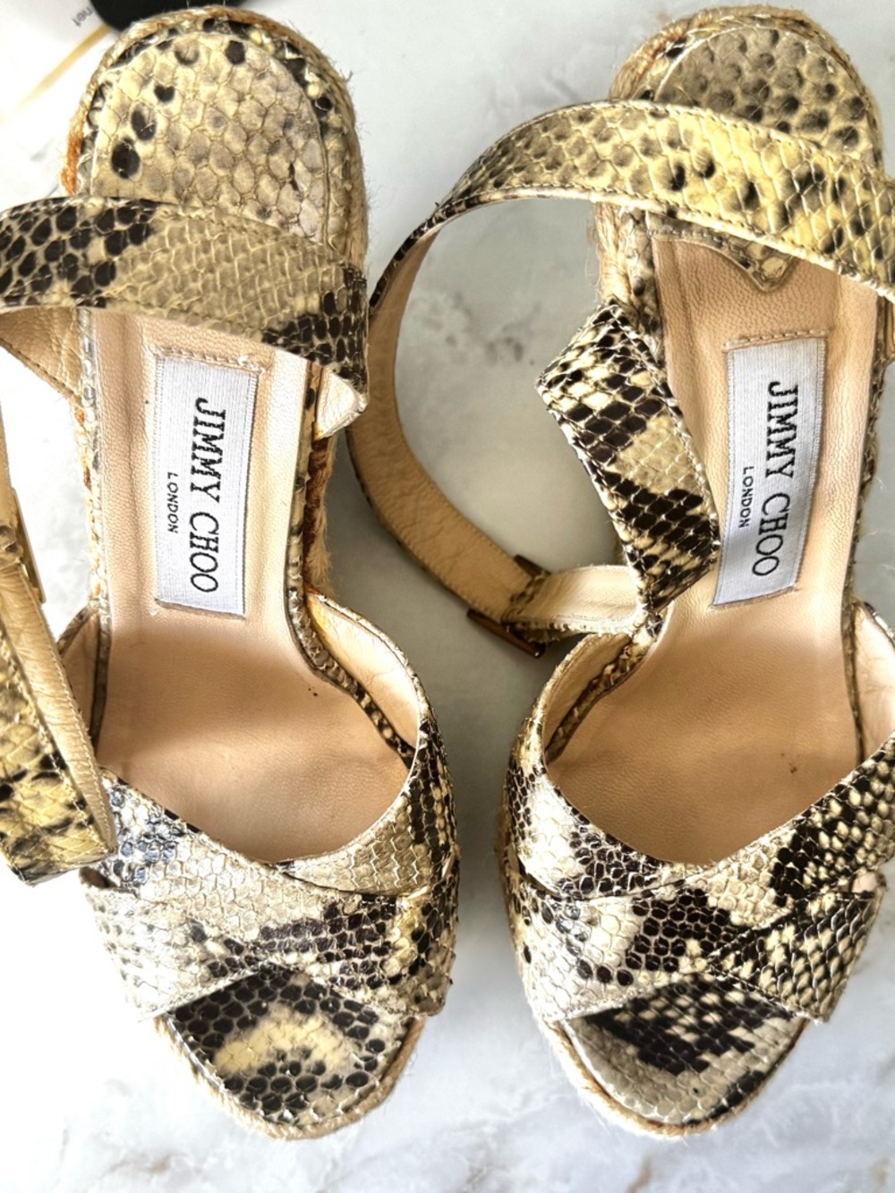 Jimmy Choo Gold-Tone Snake-Print Platform Sandals